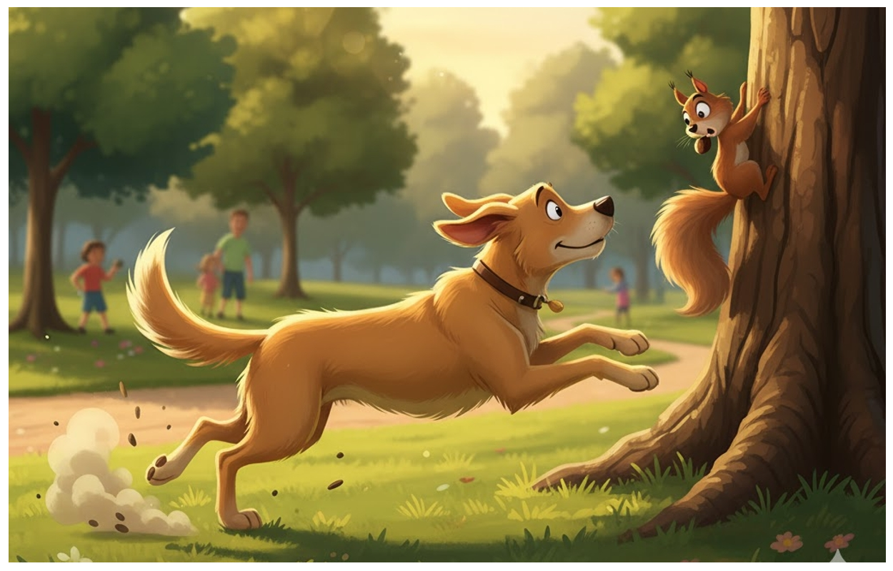 Cartoon dog chasing a squirrel, symbolizing distraction